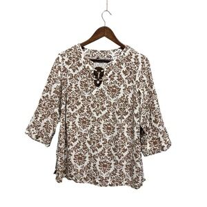 Women's‎ Plus Size 1X Linen Blend V-Neck Top 3/4 Sleeve Paisley Print Coastal